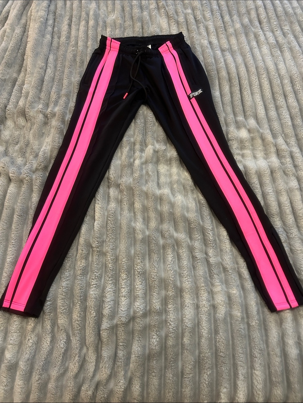 PINK Victoria's Secret Black Leggings with Hot Pink Side Stripes